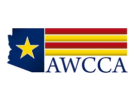A yellow star and red, blue and white flag with the word awcca underneath.