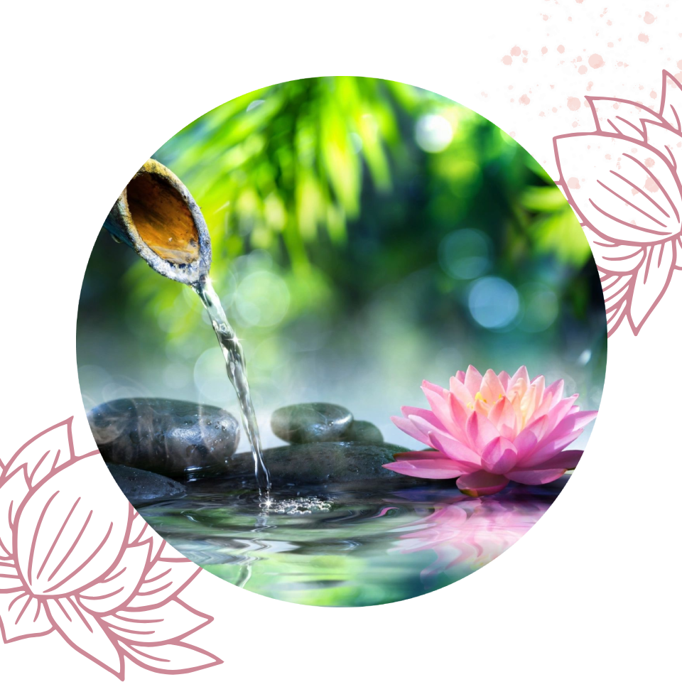 A pink flower and some rocks with water pouring out of them